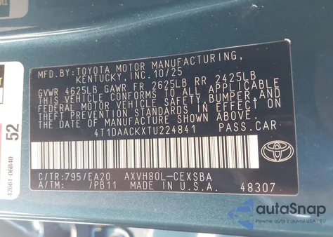 2026 Toyota Camry Se z USA, uszkodzony, nr VIN 4T1DAACKXTU224841